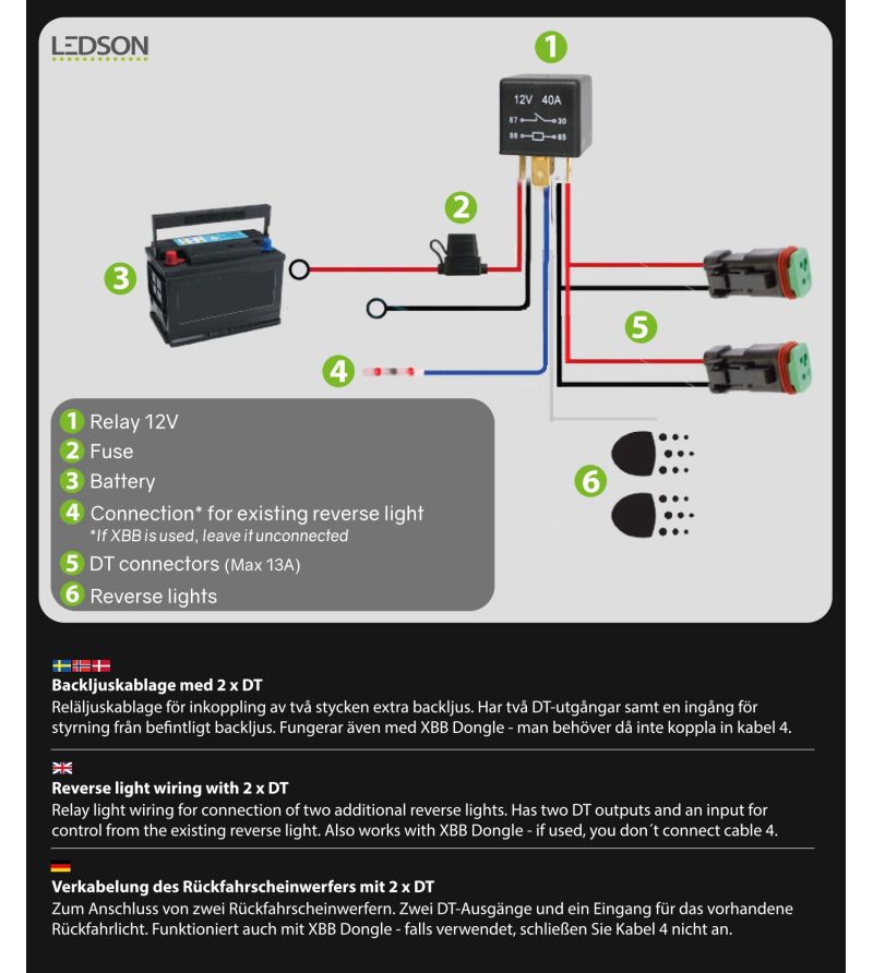 Ledson - Nano Kabelset - Achteruitrijlicht - 2 lampen - 2 pins - Deutsch DT - 12V - Afbeelding 2